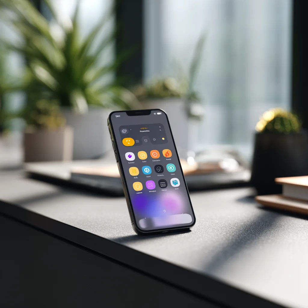 A phone standing on a desk in soft window light, its screen showing app icons
