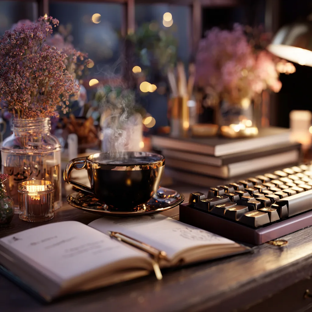 A desk at dusk with a steaming cup of coffee, an open notebook, a keyboard, a candle, and dried lavender flowers