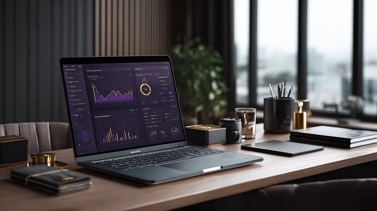 A laptop on a dark wood desk showing a purple dashboard with charts, beside a notebook and a pen cup