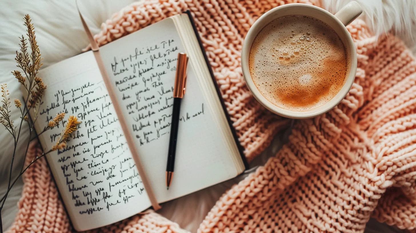 An open journal with handwritten notes and a pen beside a cup of coffee on a knit blanket