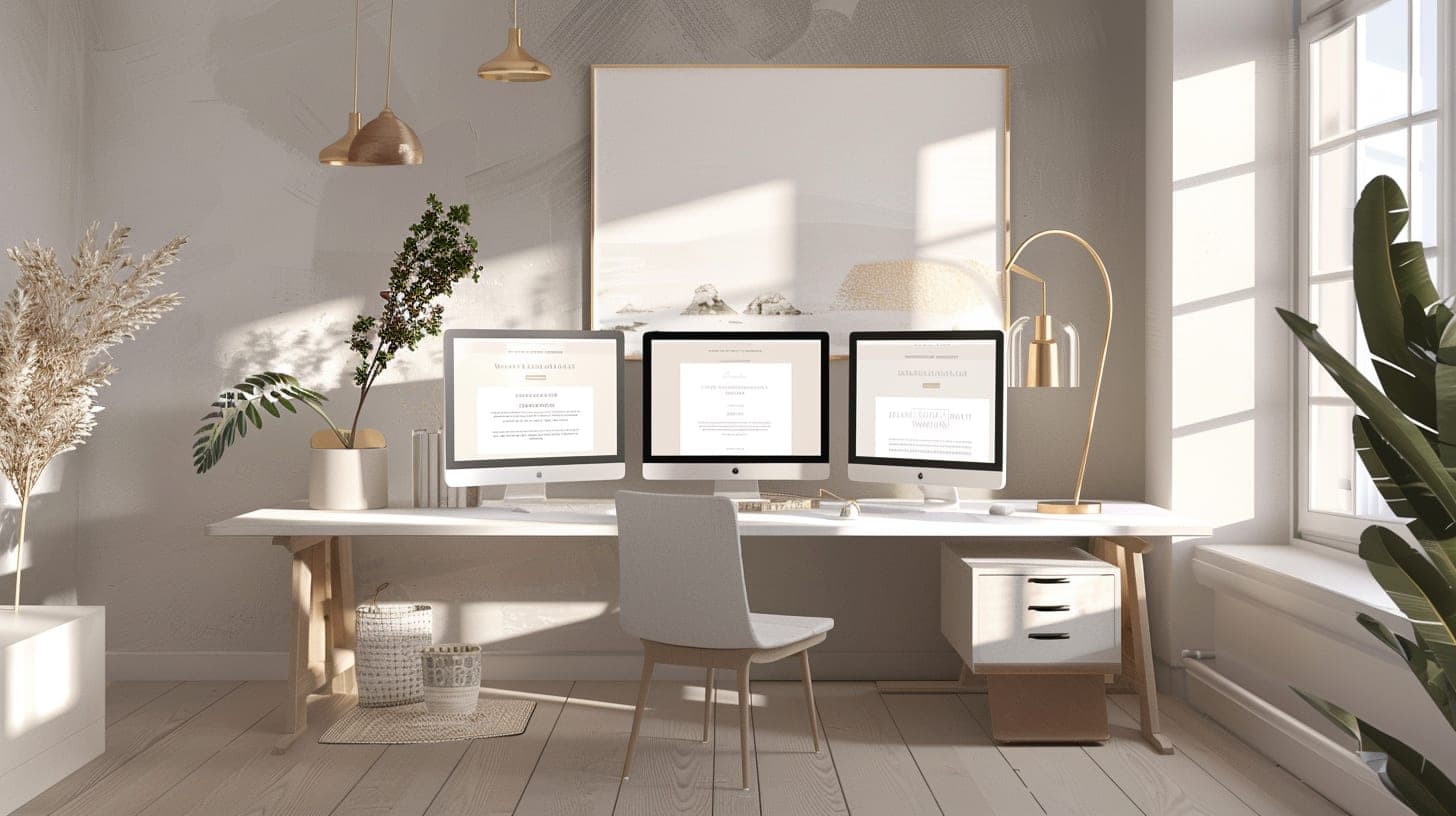 A calm, professional workspace with website designs on the screens