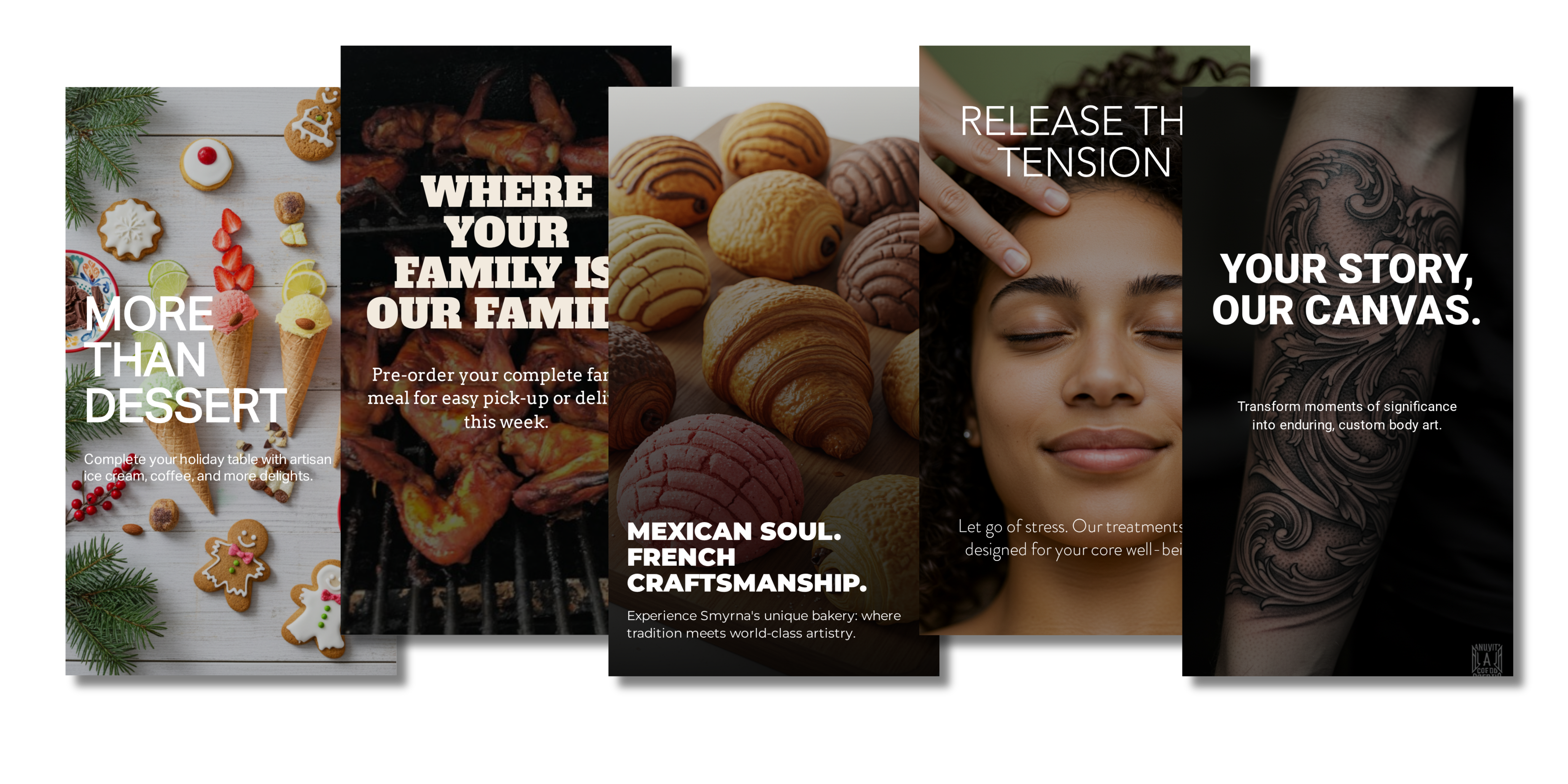 Preview of 5 free branded social media graphics, dessert shop, family restaurant, bakery, spa, and tattoo studio